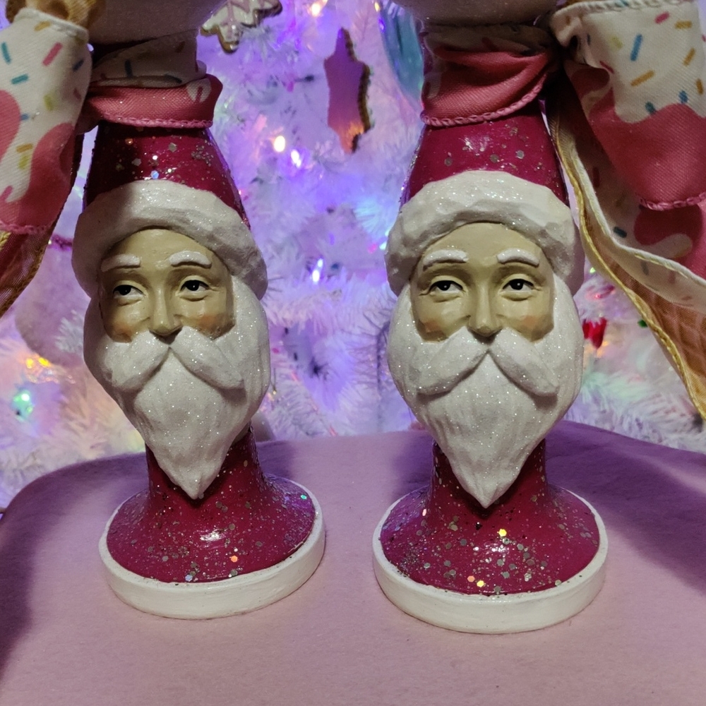 Festive Santa Claus Candle Holders - Pink and White